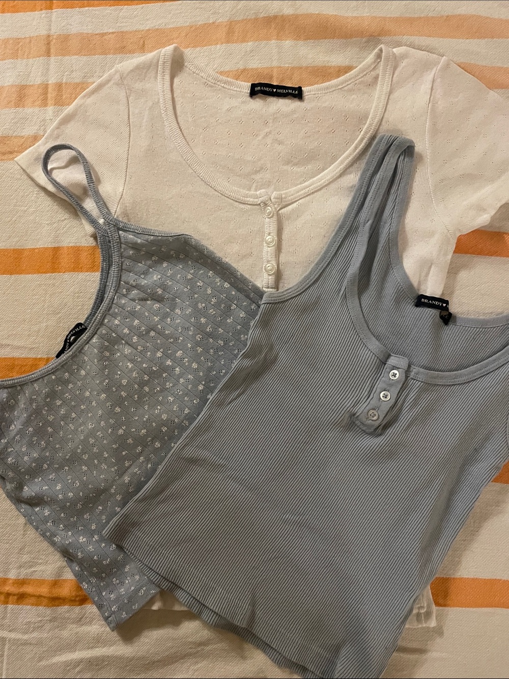 Brandy Melville Powder Blue Ribbed & Floral Camisole Set with White Henley Tee